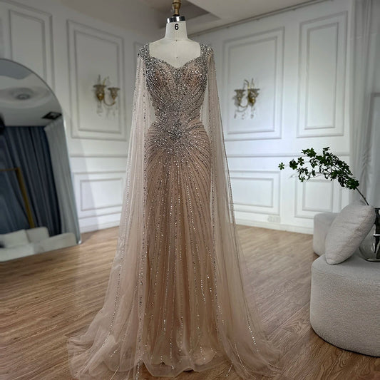 Nude Cape Sleeves Evening Dress